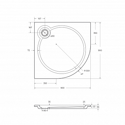 TRAY-S-R-90-550-56-W Встраиваемый литой поддон из искусственного мрамора радиальный 900х900х56, белый (Bianco)