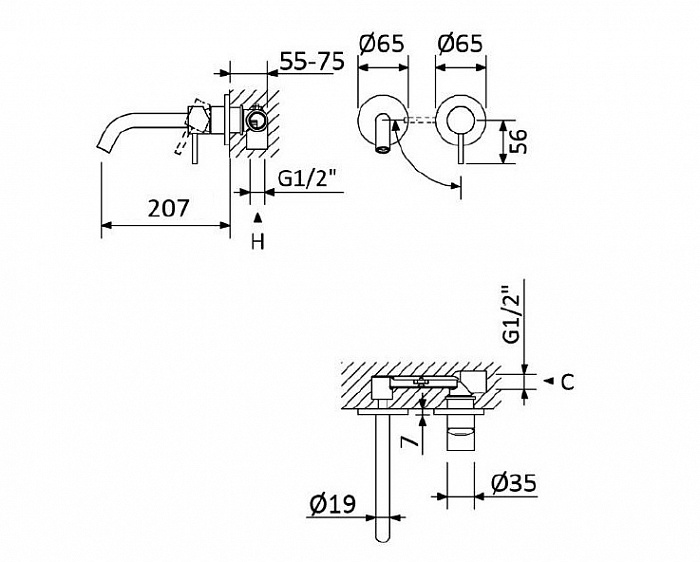 LEAF-BLI2-20-L-MM Смеситель для раковины встраиваемый однорычажный, на два отверстия, длина излива 20 см, исполнение Morning Mist