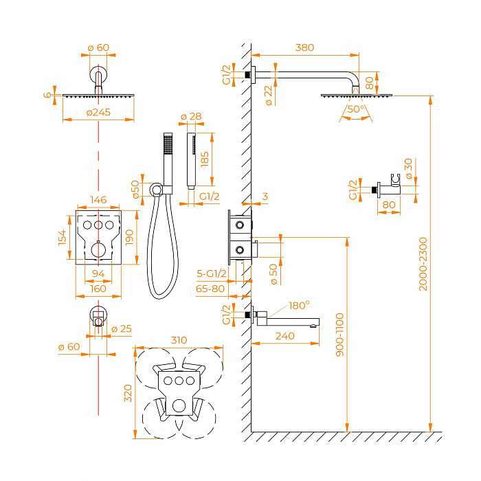 Смеситель напольный RGW Shower Panels 511405350-04  см