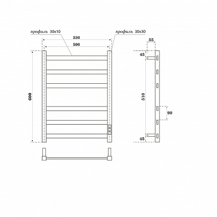 Полотенцесушитель электрический Point Меркурий П6 500x600, диммер справа, графит премиум