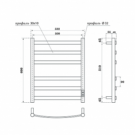 Полотенцесушитель электрический Point Антея П6 500x600, диммер справа, белый